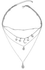 Camerazar Strieborný náhrdelník s príveskami hviezd a mesiaca, bižutérny kov, dĺžka 55 cm + 6 cm predĺženie