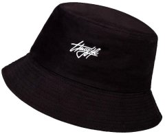 Camerazar Obojstranný rybársky klobúk BUCKET HAT, čierny s nápisom, polyester/bavlna, univerzálna veľkosť 55-59 cm