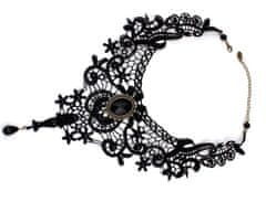 Camerazar Steampunkový gotický náhrdelník z čiernej čipky, ručne vyrobený, s kryštálmi a perlami, obvod 34 cm + 7 cm predĺženie