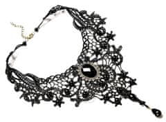 Camerazar Steampunkový gotický náhrdelník z čiernej čipky, ručne vyrobený, s kryštálmi a perlami, obvod 34 cm + 7 cm predĺženie