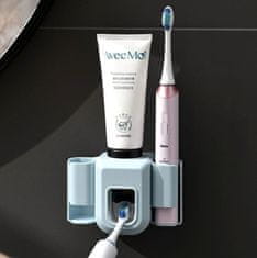 Camerazar Univerzálny držiak na zubné kefky s automatickým dávkovačom zubnej pasty, modrý, pevný plast, 12,5x9x5,5 cm