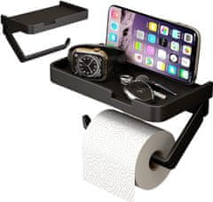 Camerazar Nástenný držiak toaletného papiera s poličkou, matná čierna farba, nehrdzavejúca oceľ, 17,6x9,5x2 cm