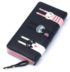 Camerazar Veľká dámska peňaženka z ekokože so vzorom mačky a zipsom, čierna, 19,5x9,5x3,2 cm