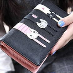 Camerazar Veľká dámska peňaženka z ekokože so vzorom mačky a zipsom, čierna, 19,5x9,5x3,2 cm