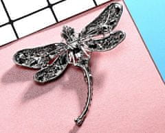 Camerazar Elegantná brošňa vážka zdobená zirkónmi a kryštálmi, šperková zliatina, šírka 6 cm, výška 5 cm
