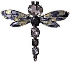 Camerazar Elegantná brošňa vážka s čiernymi kryštálmi, šperková zliatina, 6x5,5 cm