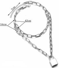 Camerazar Dlhý punkový náhrdelník s visiacim zámkom a kľúčom, strieborný kov, 54 cm + 6 cm predĺženie