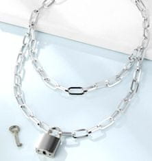 Camerazar Dlhý punkový náhrdelník s visiacim zámkom a kľúčom, strieborný kov, 54 cm + 6 cm predĺženie
