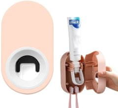Camerazar Nástenný držiak na zubné kefky s dávkovačom zubnej pasty, ružový, odolný plast, 15x7x7,9 cm