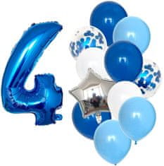 Camerazar Sada 12 modrých balónov s konfetami a číslom 4, latex a fólia, priemer 25 cm, výška 82 cm