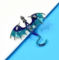Camerazar Brošňa s modrým drakom zdobeným zirkónmi, šperková zliatina, 7x6,1 cm