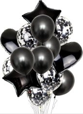 Camerazar Sada 14 balónov s hviezdičkami na svadbu a narodeniny, čierne, latex a fólia, 45 cm