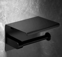 Camerazar Nástenný držiak na toaletný papier s poličkou, čierny, nerezová oceľ, 14x9x7,5 cm