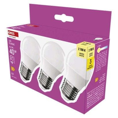 EMOS LED žiarovka Classic Mini Globe / E27 / 4,2 W (40 W) / 470 lm / Teplá biela