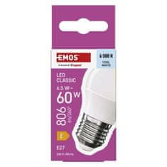 EMOS LED žiarovka Classic Mini Globe / E27 / 6,5 W (60 W) / 806 lm / Studená biela