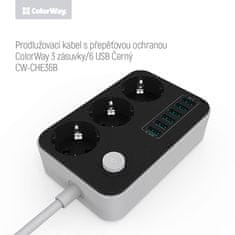 ColorWay Predlžovací napájací prívod/ 3x Schuko/ 6x USB 5V / kábel 1,8m