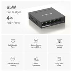 Mercusys MS105GP - 5portový gigabitový stolný switch so 4 portami PoE+, 5× 10/100/1000 Mb/s portami RJ45