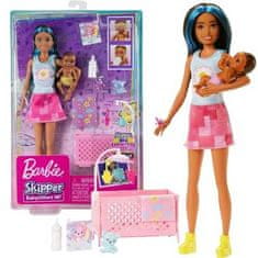 Mattel Bábika Barbie Skipper opatrovateľka s modrým melírom + bábätko, doplnky