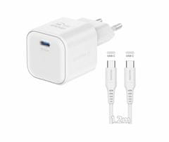 SWISSTEN síťový adaptér GaN 1× USB-C 20W PD bílý + datový kabel USB-C/USB-C 1,2 m bílý (22070120)