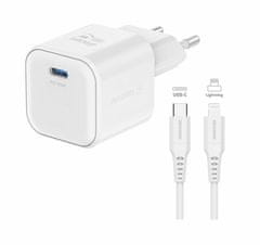 SWISSTEN síťový adaptér GaN 1× USB-C 35W PD bílý + datový kabel USB-C/Lightning 1,2 m bílý (22070240)