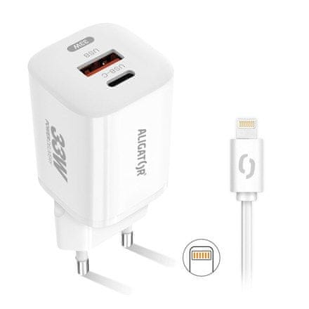 Aligator Nabíječka do sítě Power Delivery 33W, USB-C + USB-A + kabel pro Apple - bílá