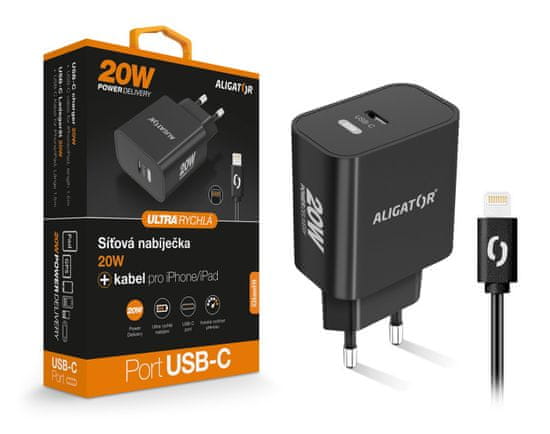 Aligator Múdra sieťová nabíjačka Power Delivery 20W, USB-C kábel pre iPhone / iPad, čierna
