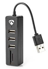 Nedis USB hub/ zástrčka USB-A/ zásuvka USB-A/ 3 porty/ napájanie z USB/ SD & MicroSD/ 3x USB/ čierny