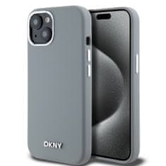 DKNY  Liquid Silicone Silver Metal Logo Magsafe zadný kryt pre iPhone 15 Grey