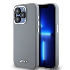 DKNY  Liquid Silicone Silver Metal Logo Magsafe zadný kryt pre iPhone 15 Pro Grey