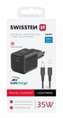 SWISSTEN síťový adaptér GaN 1× USB-C 35W PD černý + datový kabel USB-C/Lightning 1,2 m černý (22070250