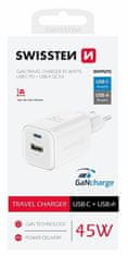 SWISSTEN síťový adaptér GaN 1x USB-C 45W PD + 1x USB-A 18W QC bílý (22071300)