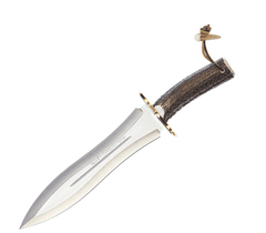 Muela PODENQUERO-A lovecký nôž - dýka 26 cm, jelení paroh, mosadz, kožené puzdro