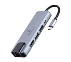 shumee GEMBIRD MULTI ADAPTÉR USB TYP-C 5V1 (HUB + HDMI + PD + ČÍTAČKA KARIET + LAN) STRIEBORNÝ