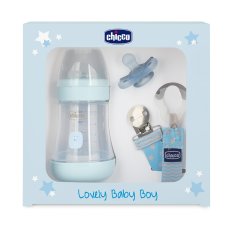 shumee Lovely Baby Boy set Perfect 5 antikoliková fľaša 150 ml + cumlík Physioforma Mini Soft + popruh na cumlík
