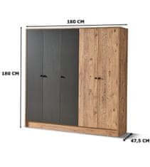 VerDesign VIDA päťdverová šatníková skriňa, pine/grey