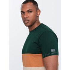 OMBRE Pánske trojfarebné tričko so širokými pruhmi tmavozelené MDN126017 S