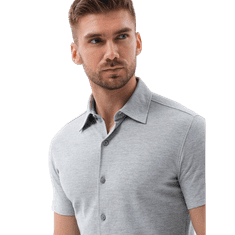 OMBRE Pánska pletená košeľa slim fit s krátkymi rukávmi a golierom sivá MDN126143 S
