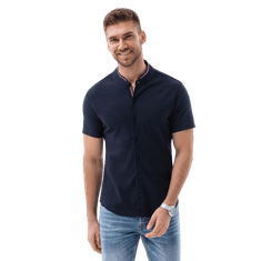 OMBRE Pánska pletená košeľa s krátkym rukávom a golierom tmavomodrá MDN126145 XL
