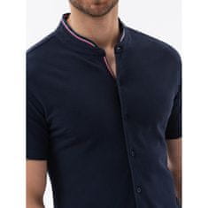OMBRE Pánska pletená košeľa s krátkym rukávom a golierom tmavomodrá MDN126145 XL