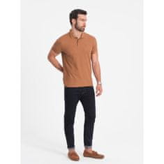 OMBRE Pánska jednofarebná polokošeľa BASIC pique knit hnedá MDN126172 S