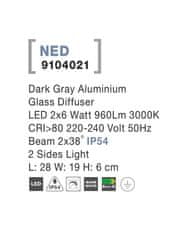 Nova Luce NOVA LUCE vonkajšie nástenné svietidlo NED tmavo šedý hliník sklenený difúzor LED 2x6W 3000K 220-240V 2x38st. IP54 svetlo po dvoch stranách 9104021