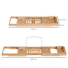 HOMCOM Bambusová Polička Na Vaňu, Vaňový Mostík, Vankúš Vankúš, Prírodná, Nastaviteľná 70-105X21,8X5Cm 