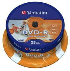 VERBATIM DVD-R 4,7 GB 16x Printable, 25ks - médiá, AZO, potlačiteľné, spindle 43538