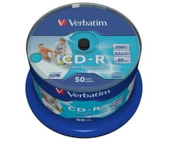 VERBATIM CD-R 700MB 52x, 50ks - médiá, Wide Inkjet Printable - AZO, spindle, bez ID dodávateľa, matný 43438