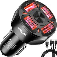 Xtrobb 4x USB nabíjačka do auta s funkciou Quick Charge 3.0, čierna, meď/PVC/nylon, 115 cm kábel