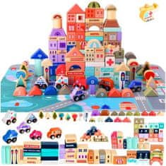 Kruzzel Drevené bloky na stavbu mesta, 115 blokov, farebné prvky, odolný materiál