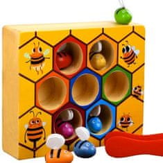 Kruzzel Drevená hra "Honeycomb" s plastovou pinzetou a 7 včelami, viacfarebná, priemer otvoru 3,5 cm