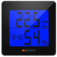 Ruhhy Teplomer/vlhkomer 19161 s LCD displejom, čiernobiely, plast/kov, 9,5x9,5x4 cm