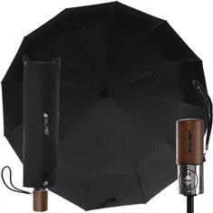 Malatec Automatický skladací dáždnik s 12 drôtmi, čierny, hliníková rúrka a drevená rukoväť, priemer 105 cm