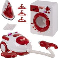 Kruzzel Detská sada domácich spotrebičov 3 v 1: práčka, žehlička a vysávač, biela/červená, plast